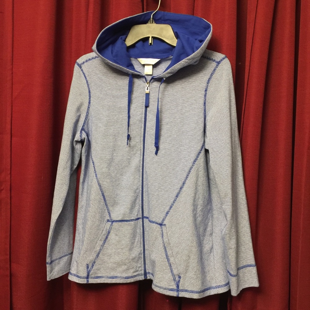 Christopher&Banks-Blue/White Stripe Hooded Shirt-M